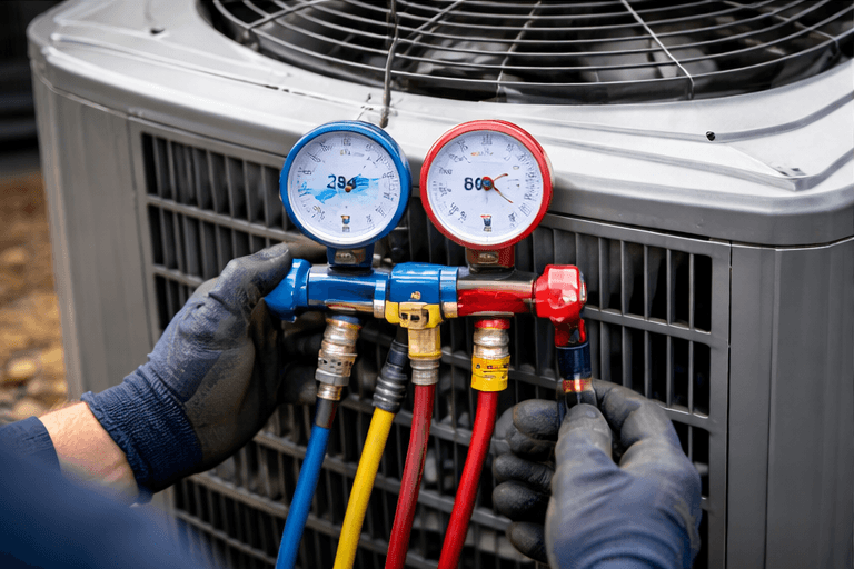 HVAC technician checking refrigerant gauges during air conditioner maintenance